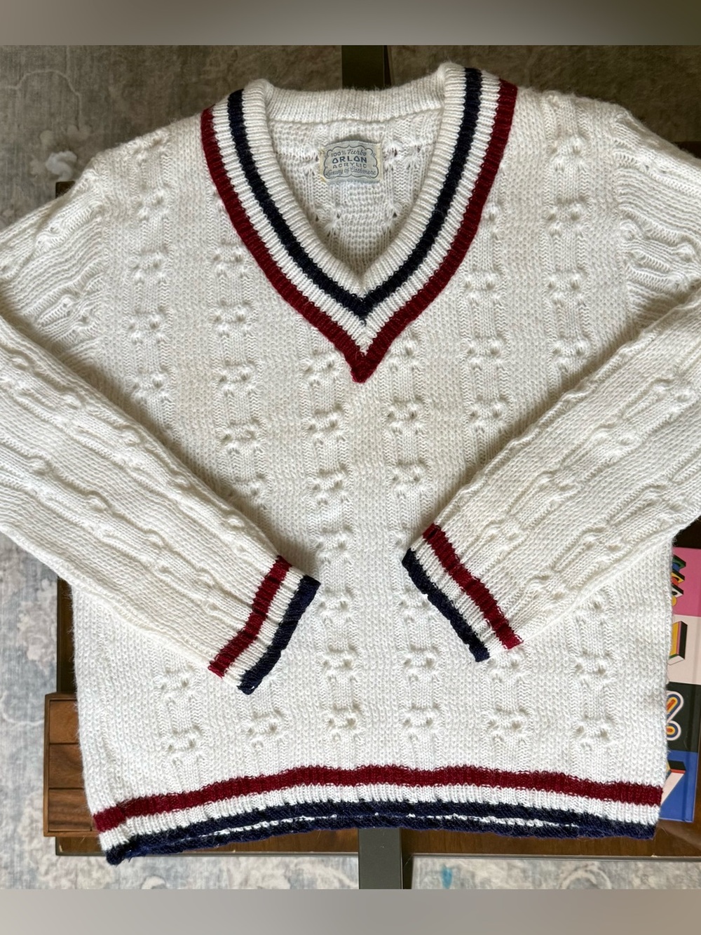 Vintage 60s 70s Cable Knit Cricket Sweater V Neck